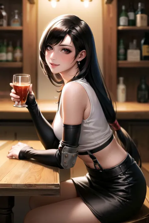 <lora:liangxing-v1-nai-9ep-resize:0.8>, looking at viewer, blush, big smile,
best quality, masterpiece, cowboy shot, view from side, 1girl, <lora:tifa-nvwls-v2:0.8> defTifa, red eyes, low-tied long hair, earrings, white crop top, suspenders, black miniskirt, pencil skirt, arm warmers, elbow gloves, elbow pads, red gloves, sitting on the stool,
beverage on the table, shelves, in the medieval bar,, masterpiece, best quality,