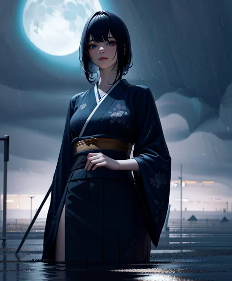 (masterpece:1.3),(best quality:1.3),stunningly beautiful girl,breathtaking,intricate details,absurdres,highres,ultra detailed,highest quality,amazing details,looking at viewer, water, moon, partially submerged, cherry blossoms, bad weather, 1girl,solo, standing, cowboy shot, kimono, east asian architecture, black hair, closed mouth,  <lora:Gloomifier_V2_TheGlow:1.5>