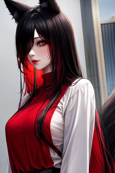 1girl,baggy clothing,black hair,red hair,multi color hair,long hair,wolf ears,wild hair,black clothing,red clothing,hair over one eye,(realistic) <lora:add_detail:1>
