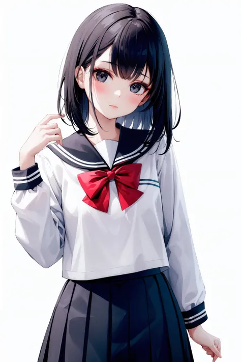 1girl, bangs, black eyes, black hair, blue shirt, blue skirt, bow, bowtie, brown hair, fashi-g, closed mouth, long sleeves, looking at viewer, medium hair, pleated skirt, red bow, red bowtie, sailor collar, school uniform, serafuku, shirt, short hair, skirt, solo, white background,((cute))
