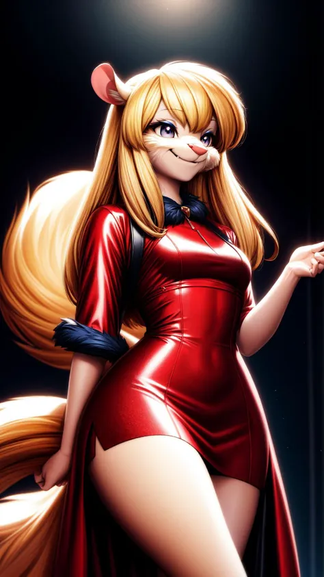 <lora:minerva-v1:0.8> minerva, furry, furry female, blonde hair, long hair, bangs, white fur, eyeshadow, tail, smile, <lora:more_details:0.8> BREAK, red dress, (cocktail dress:1.15), BREAK, <lora:FluffyStyle:0.5> FluffyStyle <lora:lora_Furry_female:0.4> furry, (mouse girl, body fur:1.15), masterpiece, best quality, extremely detailed, highly quality, 4k, sharp focus, professional, sharp focus, award winning, cinematic lighting, octane render, unreal engine, volumetrics dtx, Wallpaper,