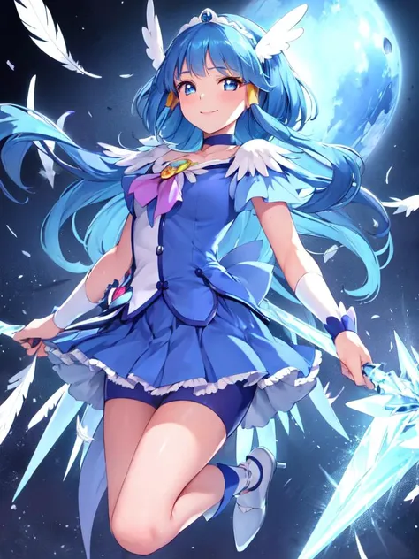 masterpiece, best quality, looking_at_viewer, depth_of_field, smile,
1girl, <lora:locon_cure_beauty_1:0.9>, cure beauty, feather hair ornament, shorts under skirt, blue shorts, sidelocks, blue ribbon, jewelry,
ice wings, crystal sword,