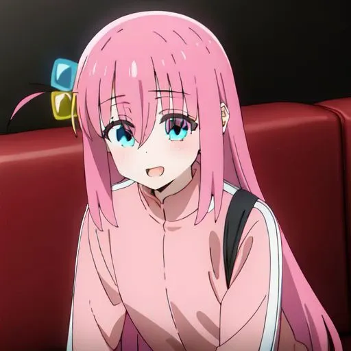 gotoh hitori, 1girl, solo, long hair, smile, open mouth, blue eyes, bangs, sidelocks, simple background, hair between eyes, upper body, pink hair, one side up, cube hair ornament, pink clothes, on couch, sitting, short shorts, dolphin shorts, large breasts, good hands, best hands