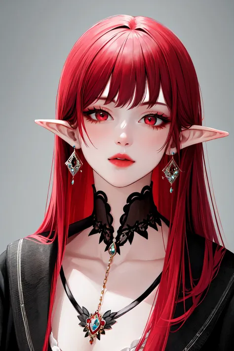 1girl, solo, long hair, looking at viewer, red eyes, jewelry, red hair, earrings, pointy ears, portrait, finger to mouth,(masterpiece:1.4),(best quality:1.4)