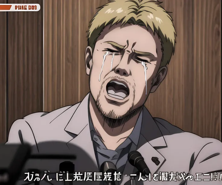 best quality, listening, 1boy,reiner_braun,crying, closed eyes, upper body, parody, microphone, microphone stand, solo focus, perfect hands, press conference, <lora:Reiner:0.9>, (best shadow), <lora:press_conference_crying_v012:1>, closed eyes, head tilt, face focus, parody, livestream, danmaku comments, microphone stand, press conference, perfect hands, clenched hand, (excessive streaming tears, snot, mouth drool)