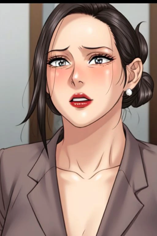 masterpiece,best quality,highly detailed,(photo realistic, hyperrealistic),mrs_ahn, 1girl, red lips, lipstick, single hair bun,office suit,video recording,hotel room,posing,blush,earings,makeup,full body show, wear.<lora:octopssy_v4LOR-lor-24:0.8>, <lora:Mrs_Ahn2:0.6> ,<lora:more_details:0.8>,