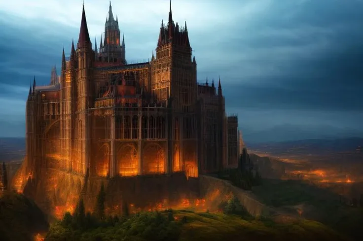 dark fantasy detailed demon lord castle on a hill, ((masterpiece)), ((best quality)), realistic, intricate details, 32k, highres, sharp image, insane details, ultimate texture resolution, vivid colors, cinematic shot, ultra detailed scenery, absurdres, dynamic angle, 8k, UHD