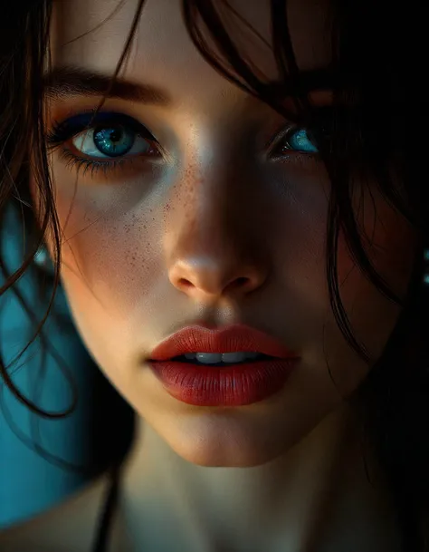 hyperrealistic art (dark mood masterpiece Photography:1.2), portrait of a mysterious woman with blue eyes and bold eyeliner, she has sensuous lips, looking seductively, naughty, shy smirking. The extreme realism focuses on her detailed skin, showing fine textures and natural highlights. photography masterpiece, modern, irresistible beauty, fuzzy lighting, dark mood, unusual composition, use of negative space, (rule of thirds composition), simmetry , mysteriouse, emotional, flirting, (fine erotic content:0.65), groundbreaking unrivaled opus with unrivaled details, (Neon Orange color scheme), highly detailed, melancholic, low-light hyper detailed photography, catchlights, style by Luis Royo . extremely high-resolution details, photographic, realism pushed to extreme, fine texture, incredibly lifelike<lora:flux\Flux__Semi-realistic_art_style-000004.safetensors:0.45:0.45> <lora:flux\detailed_skin_portraits-000005.safetensors:0.15:0.15> <lora:flux\flux_realism_lora.safetensors:0.45:0.45> <lora:flux\flux_Pro-skin.safetensors:0.2:0.2>