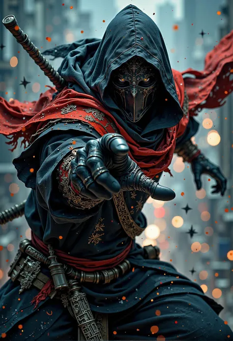 A highly skilled ninja in mid-action, captured at a dynamic Dutch angle. The ninja is in the midst of throwing multiple shurikens directly towards the viewer, their movement swift and precise. Their black and red armor contrasts sharply with the surrounding environment, while the glint of metal from the shurikens catches the light, creating a sense of immediacy and danger. The ninja's expression is one of focus and intensity, eyes narrow under their mask, as the wind catches their flowing scarf and loose clothing. The background is blurred in motion, heightening the feeling of speed, with a dark, moody settingâperhaps a rooftop at night, with city lights faintly glowing in the distance. Dust and debris swirl in the air as the shurikens slice through it, adding a gritty texture to the scene. The overall atmosphere is tense, action-packed, and thrilling. mythp0rt.  <lora:FluxMythP0rtr4itStyle.safetensors:0.5>, <lora:Elden_Ring_-_Yoshitaka_Amano.safetensors:1.0>,