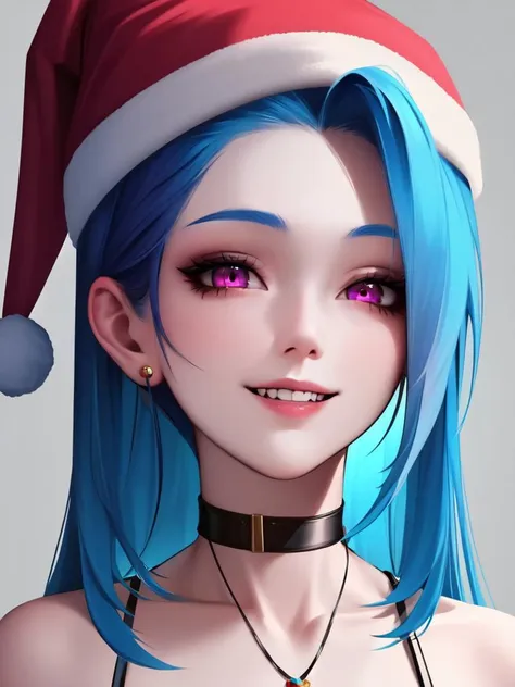 1girl, jinx \(league of legends\), solo, long hair, looking at viewer, smile, hat, jewelry, bare shoulders, blue hair, collarbone, teeth, choker, pink eyes, necklace, portrait, red headwear, santa hat, fur-trimmed headwear, sensitive
masterpiece, newest, absurdres,very aesthetic,best quality