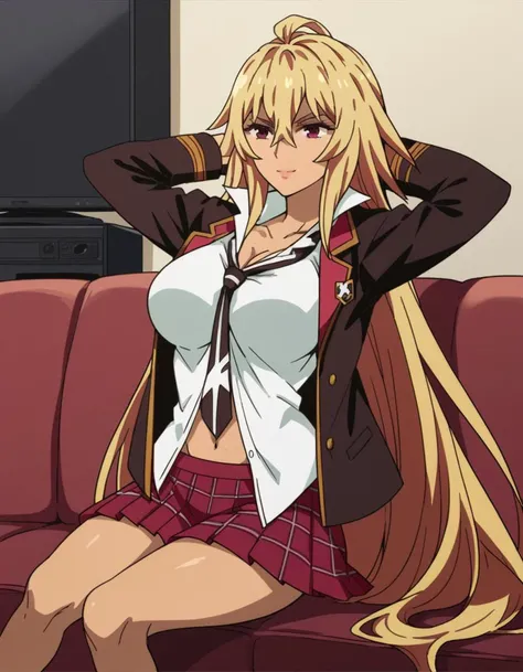 masterpiece, best quality, detailed face, detailed eyes, blonde hair, long hair, hairclip, dark skin, blue eyes, choker, tied shirt, midriff, cleavage, miniskirt, thighhighs, cowboy shot,