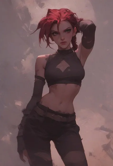 vi_tpa, 1girl, choker, arm up, ear piercing, white hoodie, midriff, navel, underboob, toned, long sleeves, angry, black pants, yoga pants, highly detailed, absurdres, masterpiece, <lora:Vi Kangaxx:0.8>