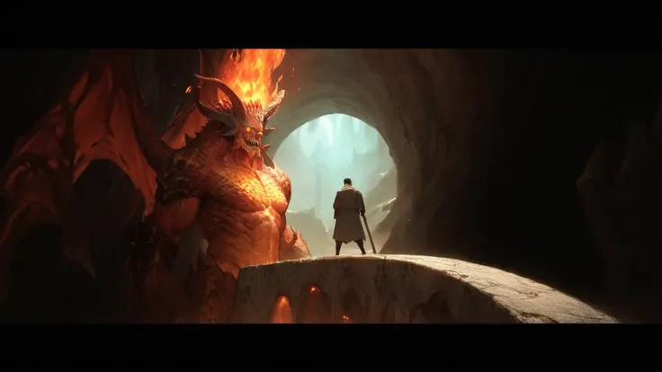 score_9, score_8_up, score_7_up, source_anime, 2 characters, standoff, giant demon on the left, male wizard on the right facing him, underground, in a cavern, they are both on a thin bridge of stone, darkness at the sides, lava at the sides, BREAK
score_9, score_8_up, score_7_up, source_anime Skarbrand, horns, wings, monster, armor, glowing eyes, blue eye, yellow eye, heterochromia,, posing with a sword and a whip, lit on fire, flames all over wings, he's got a question mark above his head <lora:Skarbrand_PonyXL:0.5> BREAK
score_9, score_8_up, score_7_up, source_anime back male wizard, gandalf, facing the demon, back turned to viewer, from behind, grey robe, beard, pointy hat and staff <lora:Fantasy_Wizard__Witches_SDXL:0.5>