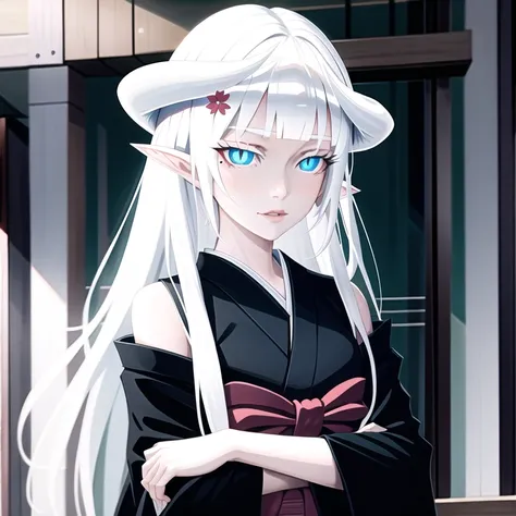 cowboy shot,masterpiece,best quality,absurdres,original,extremely delicate and beautiful,beautiful detailed eyes and face,1girl, flower, japanese_clothes, looking_at_viewer, mole, red_flower, solo,(masterpiece:1.4),(best quality:1.4), Sery,white horns, slit pupils, white hair, <lora:Sery2_LoRA128:1>