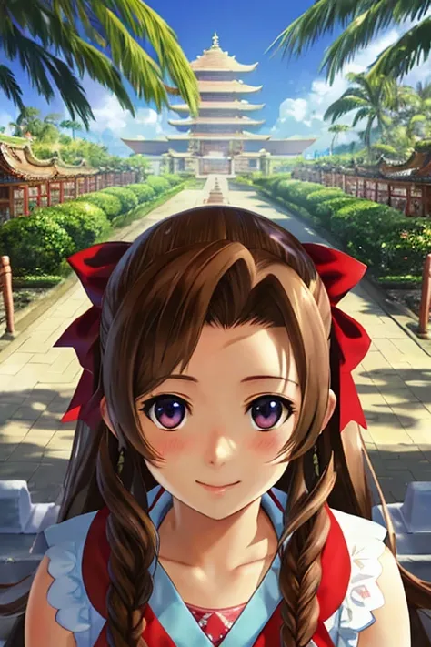 a professional photo of the Aerith Gainsborough from Final Fantasy, red bow on her head, detailed face, detailed eyes, brown hair, smiles mischievous blushing face, (a fantasy city of the future against the backdrop of:1.2), (temples:1.2), tropical plants, tropical leaves, palm trees, tropical trees, intricate, sunny day, realistic shadow, hyperrealism