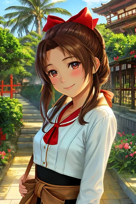 a professional photo of the Aerith Gainsborough from Final Fantasy, red bow on her head, detailed face, detailed eyes, brown hair, smiles mischievous blushing face, (a fantasy city of the future against the backdrop of:1.2), (temples:1.2), tropical plants, tropical leaves, palm trees, tropical trees, intricate, sunny day, realistic shadow, hyperrealism