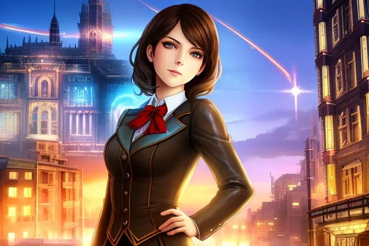 professional photo of the Elizabeth from BioShock Infinite, head tilt, raised eyebrow, slight smile, detailed face, detailed eyes, (a fantasy city of the future against the backdrop of:1.5), (temples:1.2), intricate, sunny day, bioshock infinite style, steampunk, intricate detail, (hyperrealism:1.2)