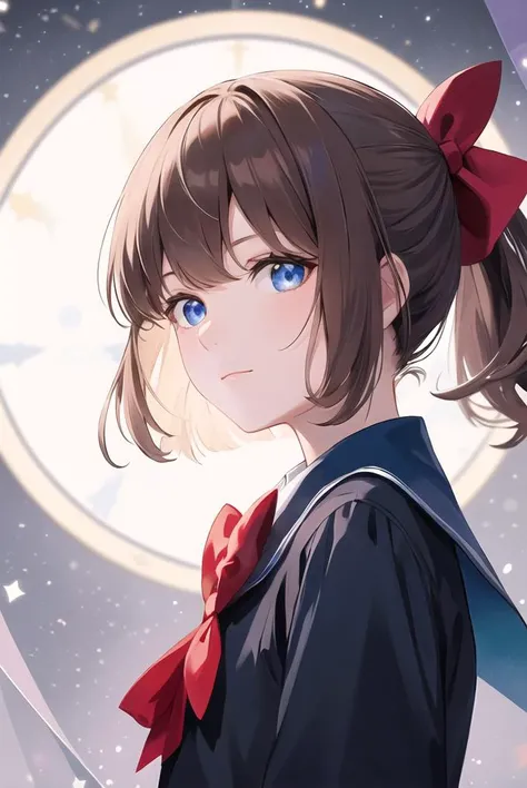 1girl, bangs, blue eyes, blurry background, bow, brown hair, closed mouth, from side, hair between eyes, hair bow, lantern, light particles, long sleeves, looking at viewer, medium hair, night, red bow, solo, star \(symbol\), upper body,(masterpiece:1.4),(best quality:1.4), bright and colorful, strong color contrast