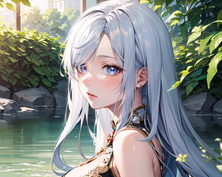 (masterpiece, best quality, extremely detailed CG, beautiful detailed eyes, ultra-detailed, intricate details:1.2), 8k wallpaper, white hair, photorealistic,  <lora:Shenhe_Hard:0.7>, (((1girl))),  water, sunlight, shenhe \(genshin impact\), 1girl