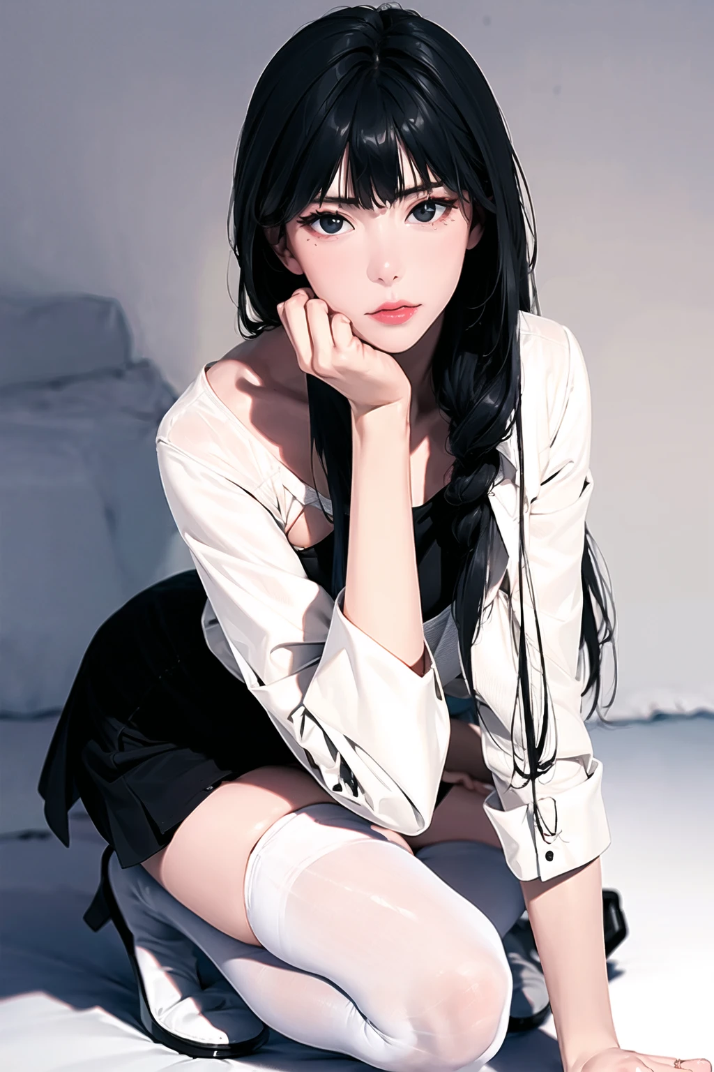 ((masterpiece, best_quality)), 1girl, (photorealistic:1.4), solo, white_background, black_hair, long_hair, zettai_ryouiki, skirt, ((full_body)), <lora:mikuya_v15:0.8> <lora:sfgp1-v2-000016:0.6>