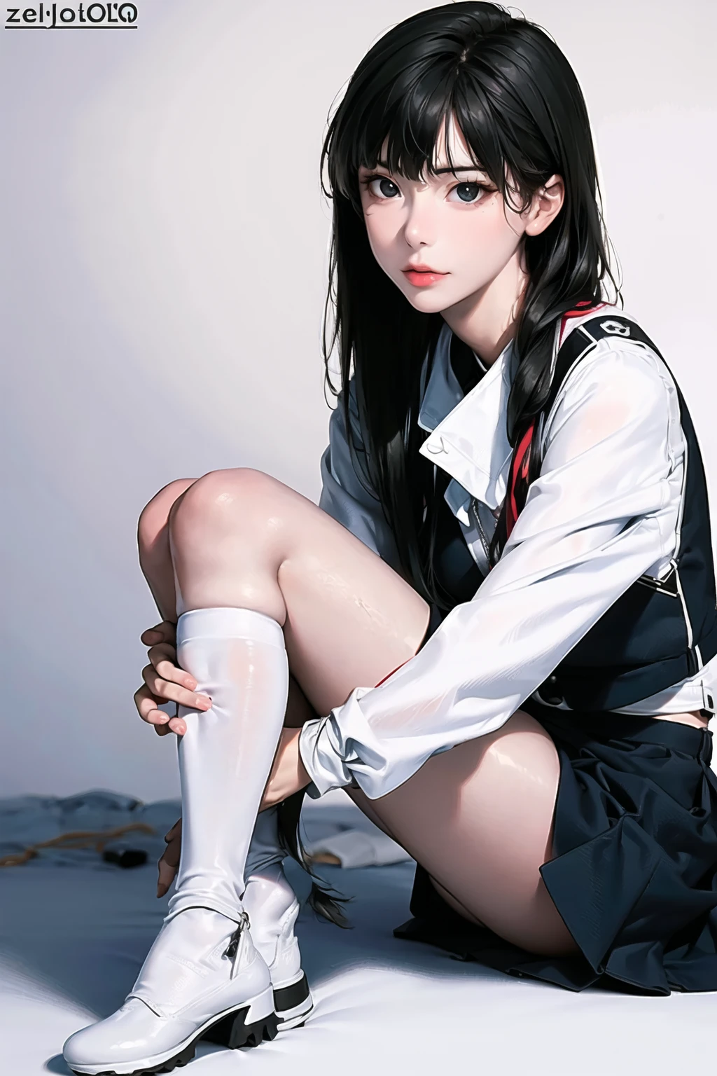 ((masterpiece, best_quality)), 1girl, (photorealistic:1.4), solo, white_background, black_hair, long_hair, zettai_ryouiki, skirt, ((full_body)), <lora:mikuya_v15:0.8> <lora:sfgp1-v2-000016:0.5>