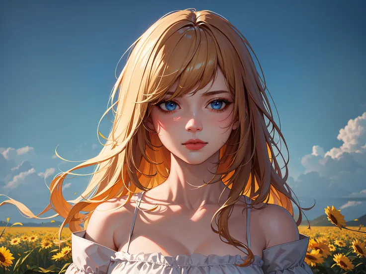 masterpiece, highres, best quality, 8k, best quality, realistic, ultra-detailed, perfect lighting, cinematic lighting, exceptional, best aesthetic, golden ratio, painting by John William Waterhouse <lora:STYLE-JWW:9>, solo waifu, flower field, white dress, portrait, upper body, blond hair, blue eyes, bangs, bare shoulders, blond hair, long hair,
