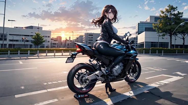 masterpiece, excellent quality, high quality, 1girl, looking at viewer, mature woman, tall female, (riding sport motorcycle:1.2), (brown hair, bangs, long hair:1.2), straight hair, eyelashes, cute face, detailed face, detailed eyes, eyelashes, blue eyes, confident smile, detailed lips, large breasts, (open black leather jacket, black leather trousers, high heel boots:1.2), sunset, dusk, clouds, tokyo, japan, city, intersection, skyscraper, buildings, shops, trees, bushes, (wind), cars <lora:beautifulSky:0.5>