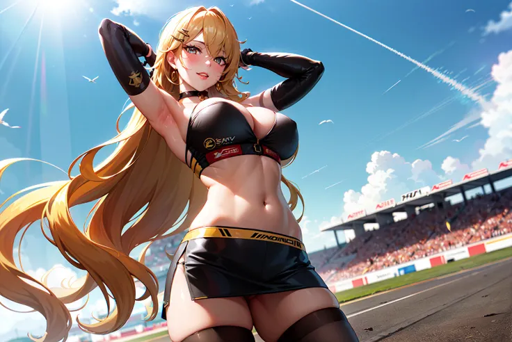 masterpiece, excellent quality, high quality, 1girl, dynamic angle, looking at viewer, mature woman, cowboy shot, tall female, arms up, armpits, (gold hair, bangs, hair clip:1.2), (very long hair, wavy hair:1.4), eyelashes, cute face, detailed face, detailed eyes, eyelashes, gold eyes, confident smile, detailed lips, large breasts, cleavage, skindentation, underboob, underboob cutout, linea alba, navel, midriff, (stud earrings, choker, race queen, black crop top with gold accents, strapless, black elbow gloves with gold accents, black miniskirt with side slit and gold accents, black thighhighs with gold accents:1.2), f1 racing car, outdoors, day, luminous, sun rays, lens flare, beautiful detailed sky, (wind), motorsport racetrack, asphalt, birds in the sky, grass, detailed clouds, contrail