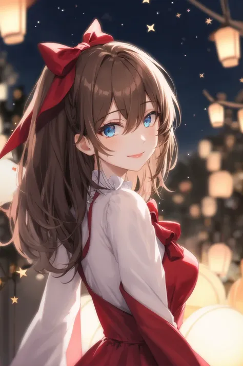 (extremely delicate and beautiful:1.2),1girl, bangs, blue eyes, blurry, blurry background, bow, brown hair, closed mouth, from side, hair between eyes, hair bow, lantern, light particles, long sleeves, looking at viewer, medium hair, night, red bow, solo, star \(symbol\), upper body,smile,red lips