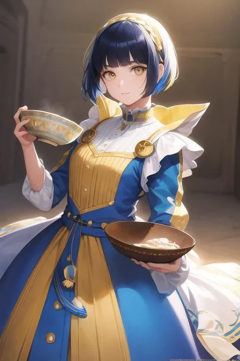 marvelous illustration,
1 girl, 14yo, yellow eyes, blue hair, round face, unibrow, bowl cut hair style,
highly detailed background,
masterpiece, ultra quality, extremely detailed, 8k