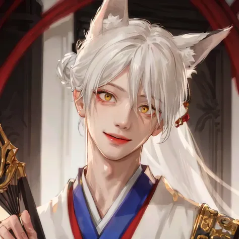 (((1boy))), ((toned)), male focus, masterpiece, high quality, (masterpiece:1.2), (best quality:1.2), shiny skin, realistic, ornate, intricate, white fox ears, ((white hair)), (long hair), gold eyes, scar _on_face,  bangs, hair between eyes, hair_stick, fox_boy,  japanese_clothes, jewelry, solo, pointy_ears, hair_bun, hair_ornament, hair_pin, holding_fan, paper_fan, elegant, looking_at_viewer, holding_fan, red_eyeliner,  FH, <lora:bekosIKEMENWORLD_v10:0.8>,  crazy eyes, staring at viewer,  constricted pupils, dynamic pose, (shadows casted over face:1.3), dark room, shadow room, crazy smile, (upper body), <lora:crazyExpressions_crazyExpressions:1.2>