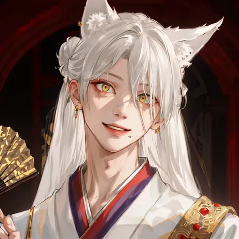 (((1boy))), ((toned)), male focus, masterpiece, high quality, (masterpiece:1.2), (best quality:1.2), shiny skin, realistic, ornate, intricate, white fox ears, ((white hair)), (long hair), gold eyes, scar _on_face,  bangs, hair between eyes, hair_stick, fox_boy,  japanese_clothes, jewelry, solo, pointy_ears, hair_bun, hair_ornament, hair_pin, holding_fan, paper_fan, elegant, looking_at_viewer, holding_fan, red_eyeliner,  FH, <lora:bekosIKEMENWORLD_v10:0.8>,  crazy eyes, staring at viewer,  constricted pupils, dynamic pose, (shadows casted over face:1.3), dark room, shadow room, crazy smile, (upper body), <lora:crazyExpressions_crazyExpressions:1.2>