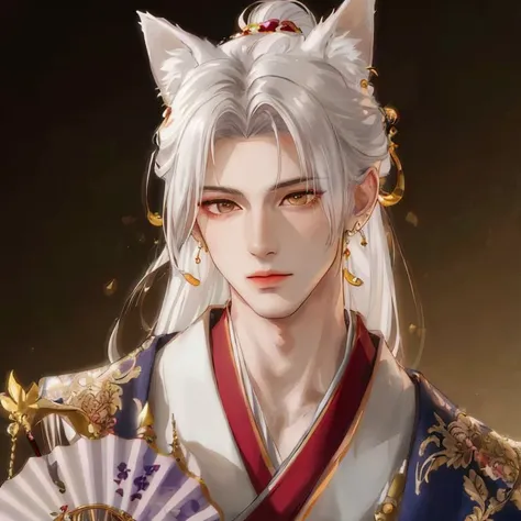(((1boy))), ((toned)), male focus, masterpiece, high quality, (masterpiece:1.2), (best quality:1.2), shiny skin, realistic, ornate, intricate, white fox ears, ((white hair)), (long hair), gold eyes, scar _on_face, bangs, hair between eyes, hair_stick, fox_boy, japanese_clothes, jewelry, solo, pointy_ears, hair_bun, hair_ornament, hair_pin, holding_fan, paper_fan, elegant, looking_at_viewer, holding_fan, red_eyeliner, FH, <lora:bekosIKEMENWORLD_v10:0.8>