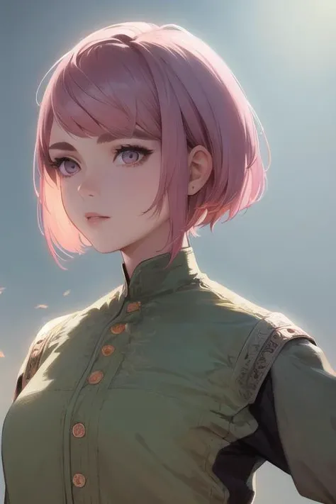 marvelous illustration,
1 girl, 14yo, khaki eyes, pink hair, inverted triangle-shaped face, thick eyebrows, pixie cut hair style,
highly detailed background,

masterpiece, ultra quality, extremely detailed, 8k