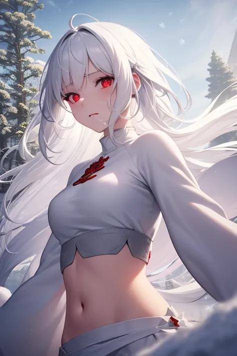 best quality, masterpiece, White hair, detailed, red eyes, windy, floating hair, snowy, upper body, detailed face, winter, trees, sunshine, midriff