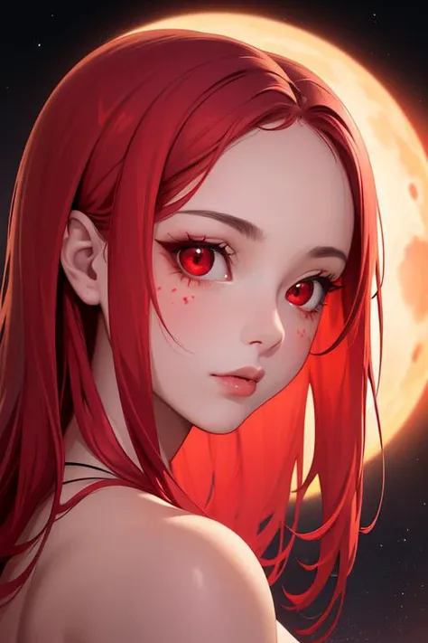 best quality, masterpiece, 1girl, beautiful face, ((red eyes)), sexy pose, Red moon in the background, stars, space, (lightroom:1.13), soft light, (natural skin texture:1.2), (hyperrealism:1.2), sharp focus, focused