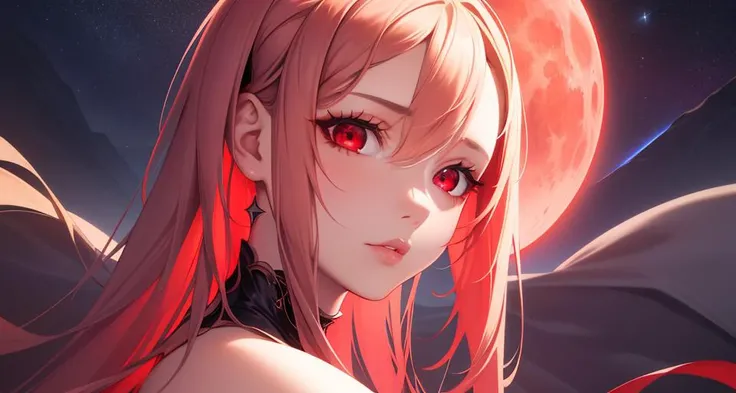 best quality, masterpiece, 1girl, beautiful face, ((red eyes)), sexy pose, Red moon in the background, stars, space, (lightroom:1.13), soft light, (natural skin texture:1.2), (hyperrealism:1.2), sharp focus, focused