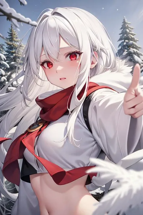 best quality, masterpiece, White hair, detailed, red eyes, windy, floating hair, snowy, upper body, detailed face, winter, trees, sunshine, midriff <lora:HinaIAmYoung22_zny10:0.2> <lora:SenSenchan25Twitter_v10:0.4> <lora:cutedollv71:0.1>