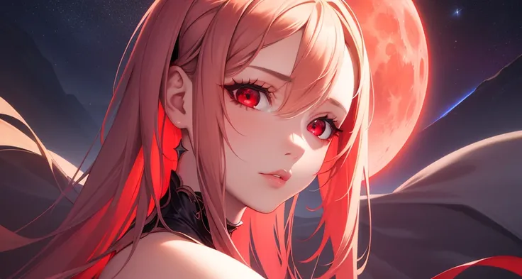 best quality, masterpiece, 1girl, beautiful face, ((red eyes)), sexy pose, Red moon in the background, stars, space, (lightroom:1.13), soft light, (natural skin texture:1.2), (hyperrealism:1.2), sharp focus, focused