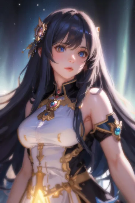 masterpiece,1girl,solo,upper body,(dark dim dramatic atmosphere)+ 8k portrait aurora, girl with super long hair, hair dissolving into bright stars, in drip modern clothing, intricate, highly detailed, digital painting, smooth, sharp focus, illustration, unreal engine 5, 8 k, art by artgerm and greg rutkowski and alphonse mucha,(masterpiece:1.4),(best quality:1.4)