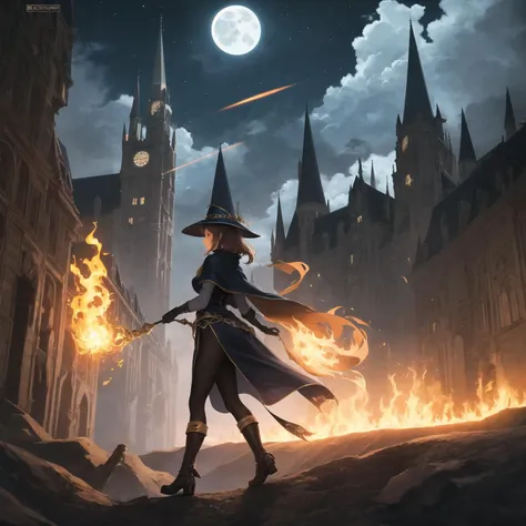 masterpiece, best quality, ultra-detailed, illustration, 1girl, solo, fantasy, night sky, outdoors, magic, spells, moon, stars, clouds, wind, hair, cape, hat, boots, glowing, mysterious, enchanting, whimsical, playful, adventurous, freedom, wonder, imagination, determination, skill, speed, movement, energy, realism, naturalistic, figurative, representational, beauty, fantasy culture, mythology, fairy tales, folklore, legends, witches, wizards, magical creatures, fantasy worlds, composition, scale, foreground, middle ground, background, perspective, light, color, texture, detail, beauty, fire spell.