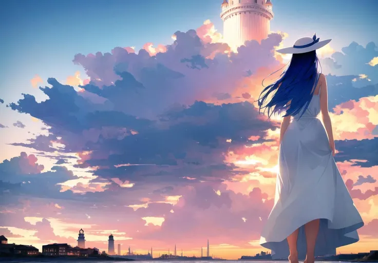 1girl,white sundress,blue hair,sun hat,wide hips,thick thigh,barefoot,tall girl,pink hair,looking away, beach, blue_sky, building, castle, city, cloud, cloudy_sky, day, hat, house, island,lighthouse, mountain, ocean, outdoors, plant, purple_hair, rock, sky,water,gigantic,from behind,outdoors, (masterpiece, best quality:1.4),high quality, highly detailed,detailed,perfect,wide_shot,dingy,dim lightning,dramatic lightning,sydmead_style ,wind blowing, city far in the backgroud coverd with fog sunset<lora:badv4:0.75> <lora:cardesignSydMead_cardesignSydMeadStyle:0.86> HyperStylizeV6