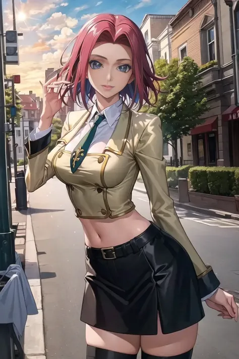 (best quality, masterpiece:1.3),kallencodegeass,(schooluniform:1.3), (Kallen Kozuki CodeGeass), Kallen Stadtfeld, codegeass,(finely detailed beautiful eyes and detailed face), extremely detailed,solo,1girl,(colorful),(finely detailed beautiful eyes and detailed face), blue eyes, red hair, cinematic lighting, extremely detailed CG unity 8k wallpaper,solo,smile,(Flowery meadow) sky, cloudy_sky, sunlight, sun,(cowboy shot:1.3), eyes boots, breasts cleavage, kallen_stadtfeld looking_at_viewer, midriff navel open, clothes open, hair short, high stockings, building, city town,