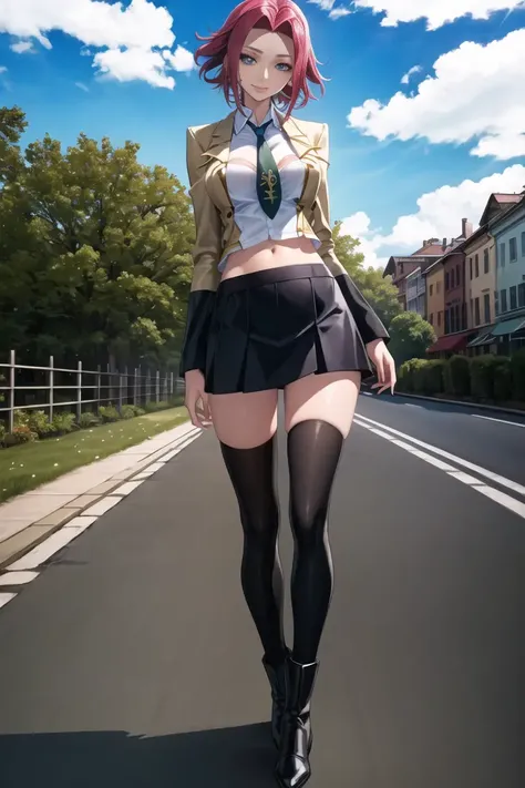 (best quality, masterpiece:1.3),kallencodegeass,(schooluniform:1.3), (Kallen Kozuki CodeGeass), Kallen Stadtfeld, codegeass,(finely detailed beautiful eyes and detailed face), extremely detailed,solo,1girl,(colorful),(finely detailed beautiful eyes and detailed face), blue eyes, red hair, cinematic lighting, extremely detailed CG unity 8k wallpaper,solo,smile,(Flowery meadow) sky, cloudy_sky, sunlight, sun,(cowboy shot:1.3), eyes boots, breasts cleavage, kallen_stadtfeld looking_at_viewer, midriff navel open, clothes open, hair short, high stockings, building, city town,