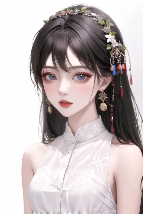 world masterpiece theater ,1 girl, white shirt, fashi-g, hair ornament, dark eyes, very detailed eyes, looking at viewer, white background, <lora:fashionGirl_v50:0.66> <lora:shojovibe_v11:0.2>