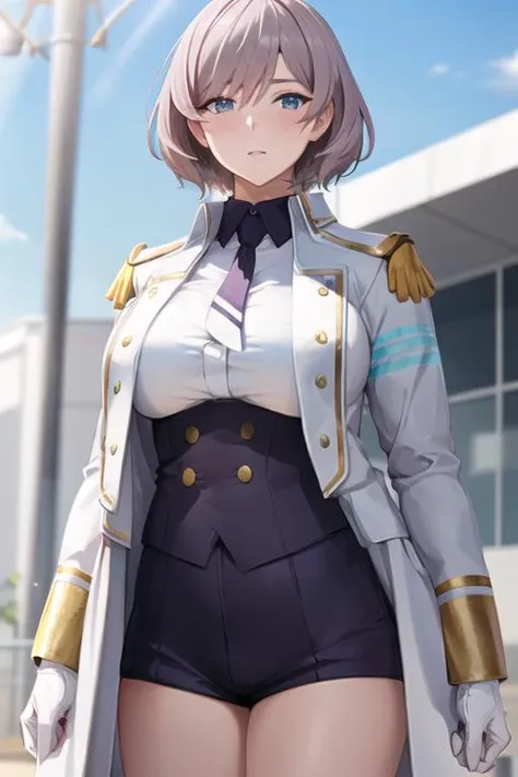 ((masterpiece, best quality)), very detailed,detailed fingers,detailed hands,<lora:mujina001-10:0.8>,large_breasts, ,standing,blush,outdoors,1girl,bangs, mujina, ssss dynazenon, blue_eyes,blue sky,clound, ((((upper body)))),boots, breasts, coat,gloves, high_heel_boots, high_heels, looking_at_viewer, shorts, white_footwear, white_gloves,white_jacket, necktie, long_sleeves,uniform, military_uniform