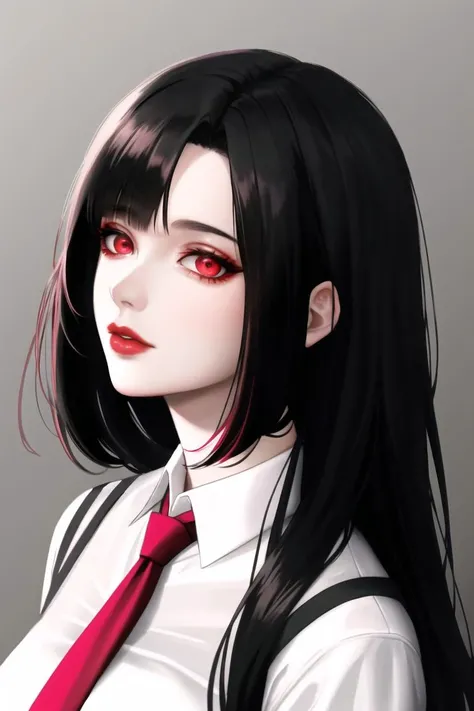 HD, 8k, (((masterpiece))), (((highres))), ((best quality)), ((an extremely delicate and beautiful)), insanely detailed and intrusive, super detailed, tokyo ghoul, 1 woman, solo, black collared shirt, red necktie, pale skin, big lips, puffy lips, black lips, glowing red eyes, ringed eyes, glowing eyes, black hair, long hair, hair slicked back, ghoul, smug