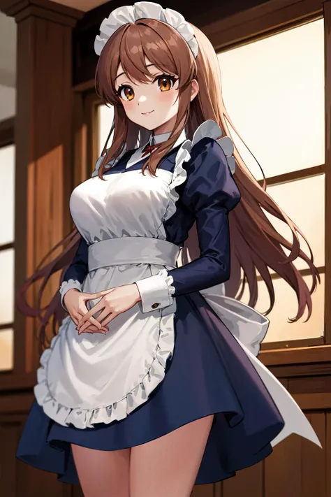 masterpiece, best quality, highres, mikuru1, 1girl, asahina mikuru, long hair, solo, maid, long sleeves, puffy sleeves, blue dress, juliet sleeves, white apron, dress, maid apron, frilled apron, mary janes, bangs, large breasts, <lora:asahina_mikuru_v1:0.7>, cowboy shot, standing, own hands together, smile,