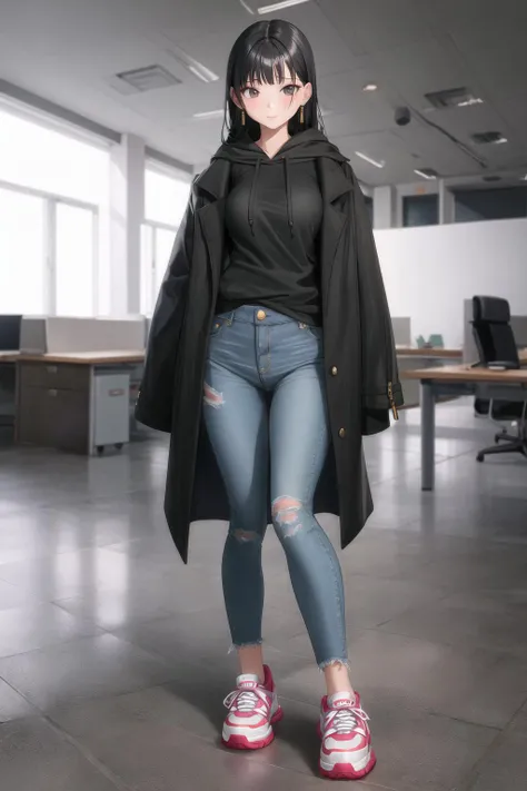 ((1girl)),shiny skin,fashi-g,mature female,office lady,(balencianga:1.3),(hoodie),full body,wavy hair,black hair,skinny jeans,bodycon, ,office,sneakers, earrings,triple s,open coat, <lora:balenciagaStyleLora_v10:1>