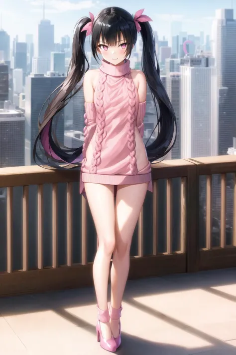 ((1girl)),solo,shiny skin,girl,wavy hair,twintails, black hair, full body, standing ,fashi-g, (pink backwards virgin killer sweater:1.5),(skyline),high heels,(facing viewer),detached sleeves,(arms behind back)